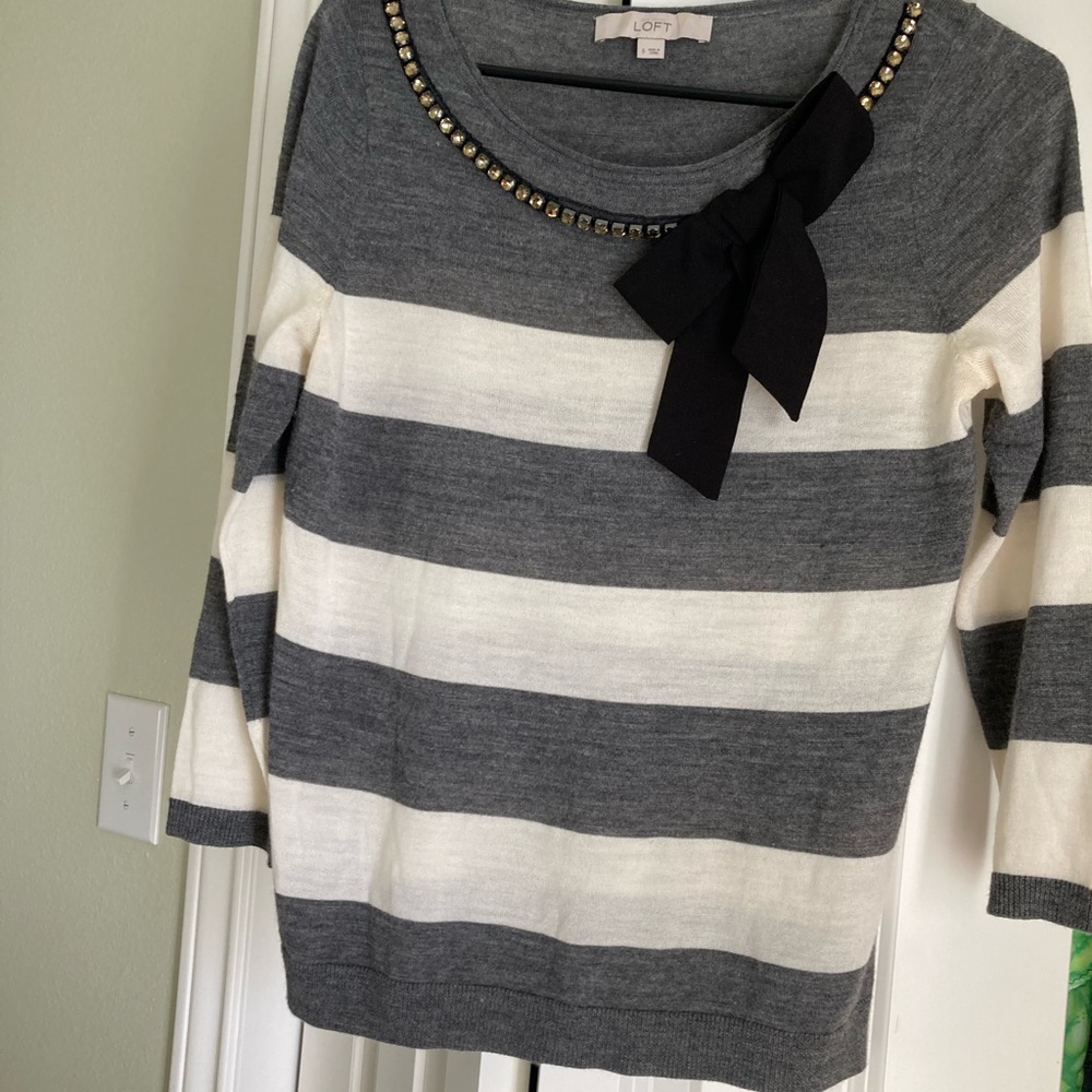 LOFT Gray and White Striped Sweater with Black Bow